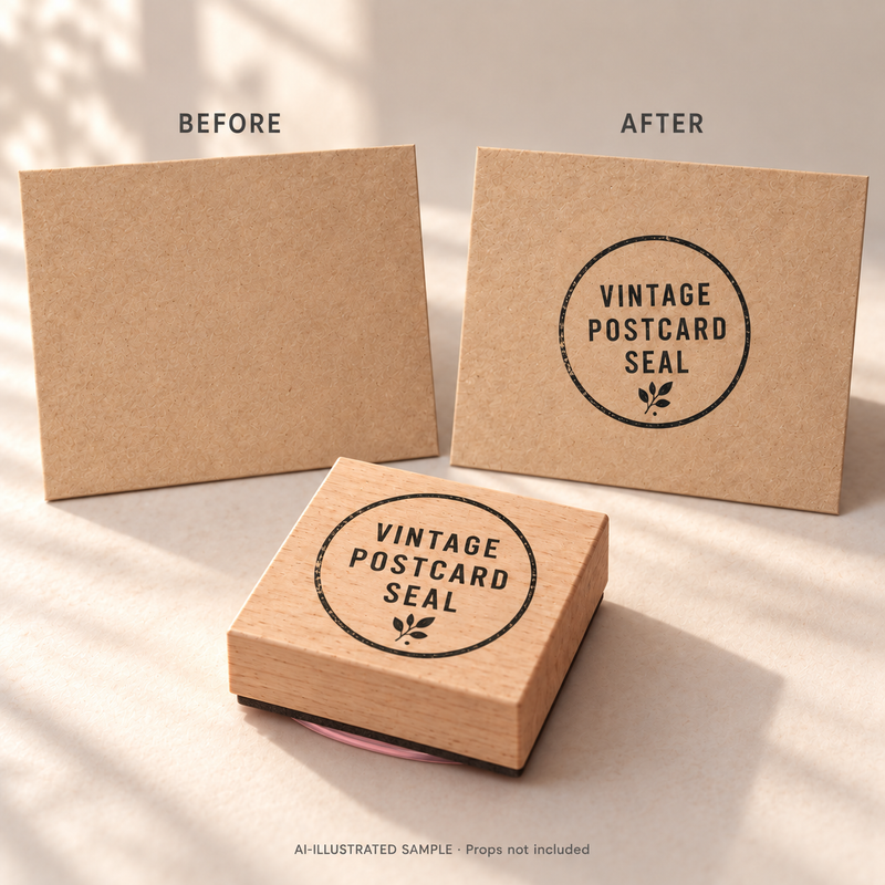 AI-illustrated before-and-after example for Postcard Keepsake Stamp: blank and stamped surfaces shown together with the stamp. Not an actual supplied-product photograph.