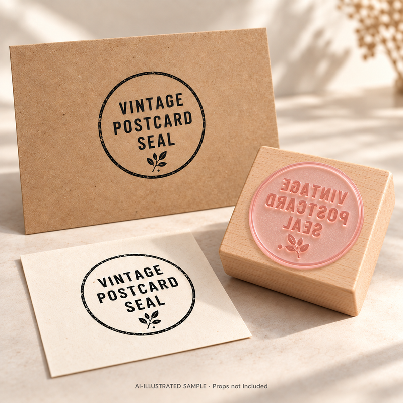 AI-illustrated sample of Postcard Keepsake Stamp: a physical stamp shown with a matching impression on paper or packaging. Not an actual supplied-product photograph. Props are not included.