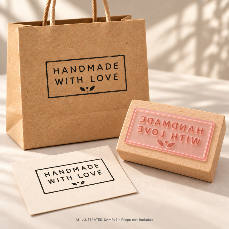 AI-illustrated sample of Handmade Heart Message Stamp 01: a physical stamp shown with a matching impression on paper or packaging. Not an actual supplied-product photograph. Props are not included.