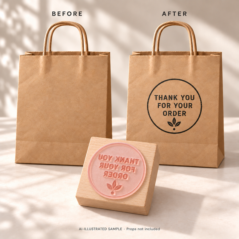 AI-illustrated before-and-after example for Order Appreciation Stamp 02: blank and stamped surfaces shown together with the stamp. Not an actual supplied-product photograph.