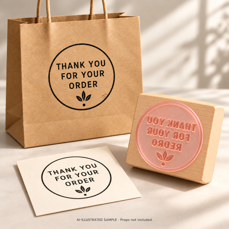 AI-illustrated sample of Order Appreciation Stamp 02: a physical stamp shown with a matching impression on paper or packaging. Not an actual supplied-product photograph. Props are not included.