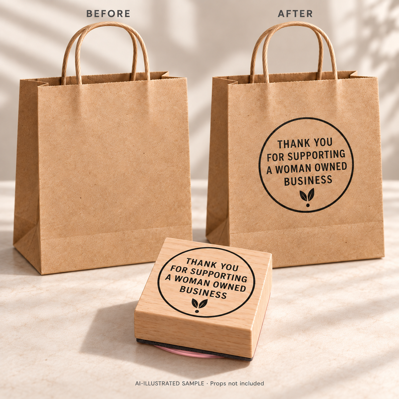 AI-illustrated before-and-after example for Women-Owned Business Appreciation Stamp: blank and stamped surfaces shown together with the stamp. Not an actual supplied-product photograph.