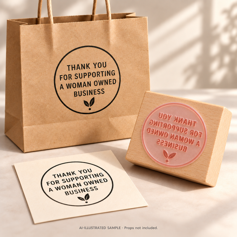 AI-illustrated sample of Women-Owned Business Appreciation Stamp: a physical stamp shown with a matching impression on paper or packaging. Not an actual supplied-product photograph. Props are not included.