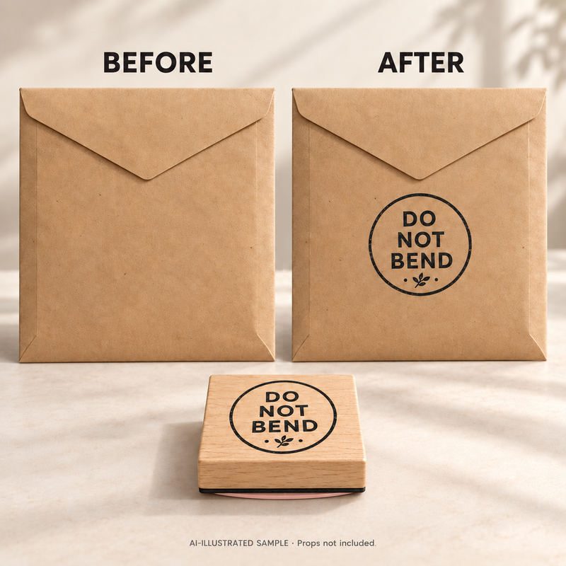 AI-illustrated before-and-after example for Keep Flat Mailing Stamp: blank and stamped surfaces shown together with the stamp. Not an actual supplied-product photograph.