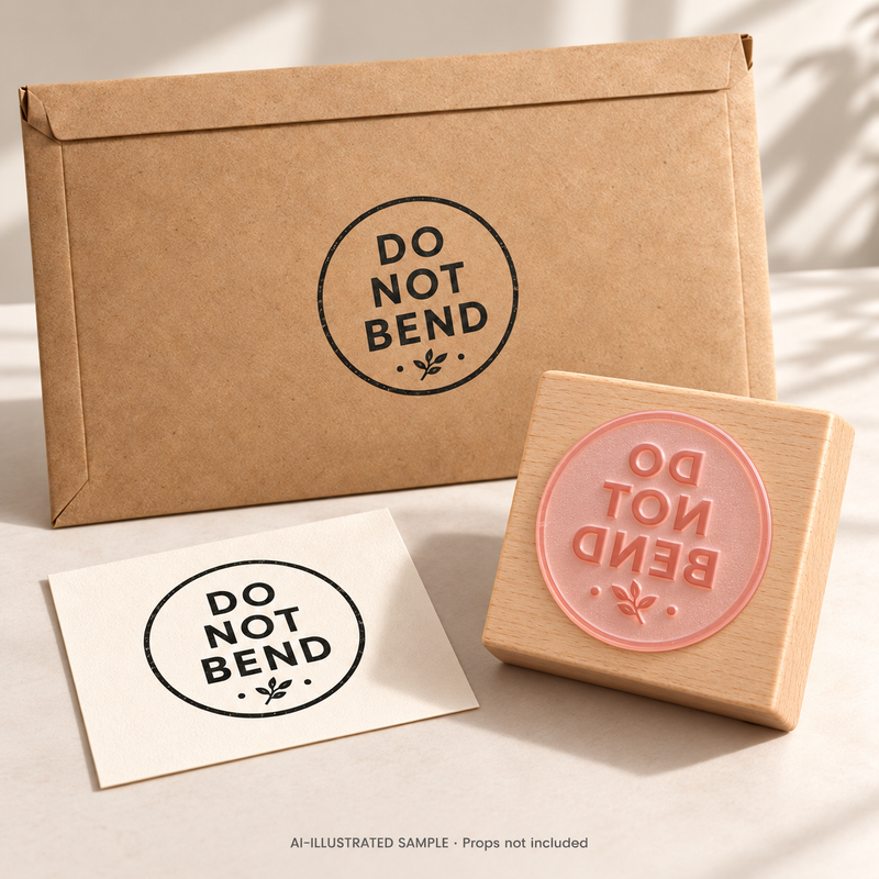 AI-illustrated sample of Keep Flat Mailing Stamp: a physical stamp shown with a matching impression on paper or packaging. Not an actual supplied-product photograph. Props are not included.