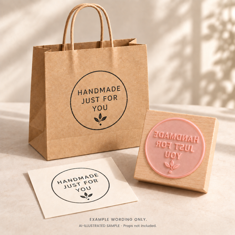 AI-illustrated sample of Made for You Message Stamp: a physical stamp shown with a matching impression on paper or packaging. Not an actual supplied-product photograph. Props are not included.