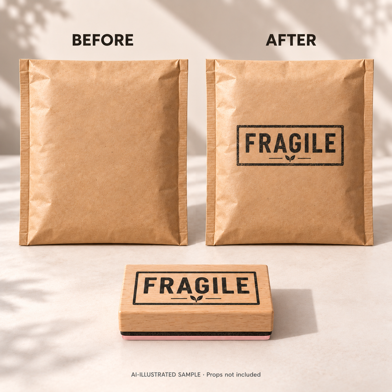 AI-illustrated before-and-after example for Delicate Contents Handling Stamp: blank and stamped surfaces shown together with the stamp. Not an actual supplied-product photograph.