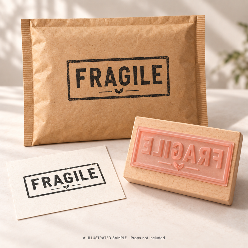 AI-illustrated sample of Delicate Contents Handling Stamp: a physical stamp shown with a matching impression on paper or packaging. Not an actual supplied-product photograph. Props are not included.