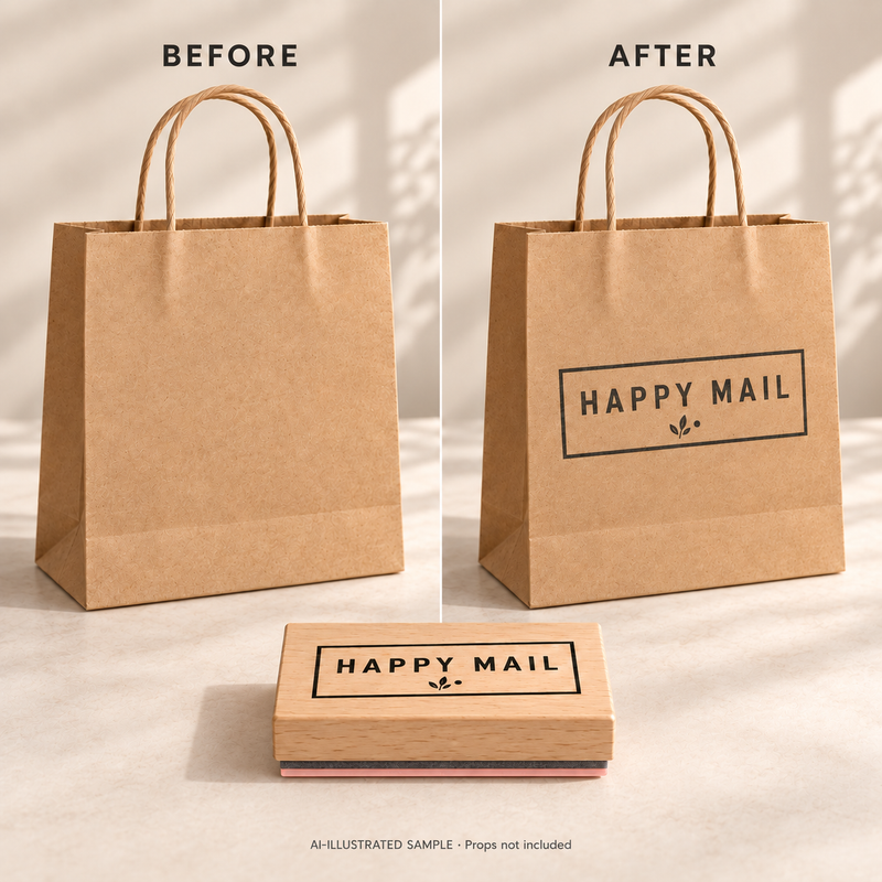 AI-illustrated before-and-after example for Mailbox Cheer Stamp: blank and stamped surfaces shown together with the stamp. Not an actual supplied-product photograph.