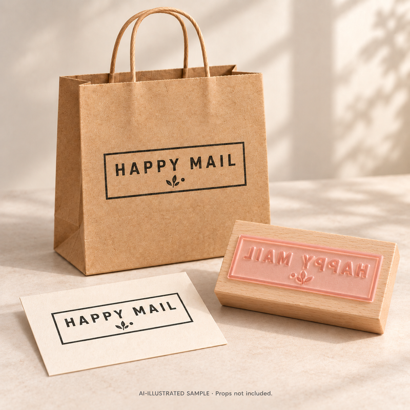 AI-illustrated sample of Mailbox Cheer Stamp: a physical stamp shown with a matching impression on paper or packaging. Not an actual supplied-product photograph. Props are not included.