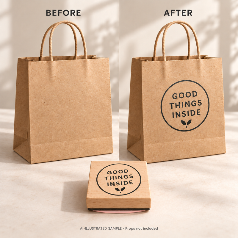 AI-illustrated before-and-after example for Something Lovely Inside Stamp: blank and stamped surfaces shown together with the stamp. Not an actual supplied-product photograph.
