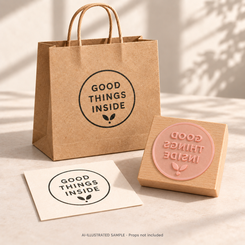 AI-illustrated sample of Something Lovely Inside Stamp: a physical stamp shown with a matching impression on paper or packaging. Not an actual supplied-product photograph. Props are not included.