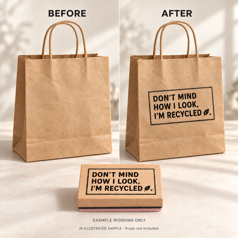 AI-illustrated before-and-after example for Reused Packaging Note Stamp: blank and stamped surfaces shown together with the stamp. Not an actual supplied-product photograph.