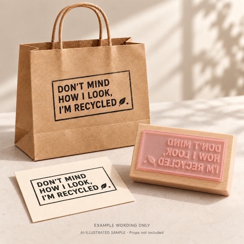 AI-illustrated sample of Reused Packaging Note Stamp: a physical stamp shown with a matching impression on paper or packaging. Not an actual supplied-product photograph. Props are not included.