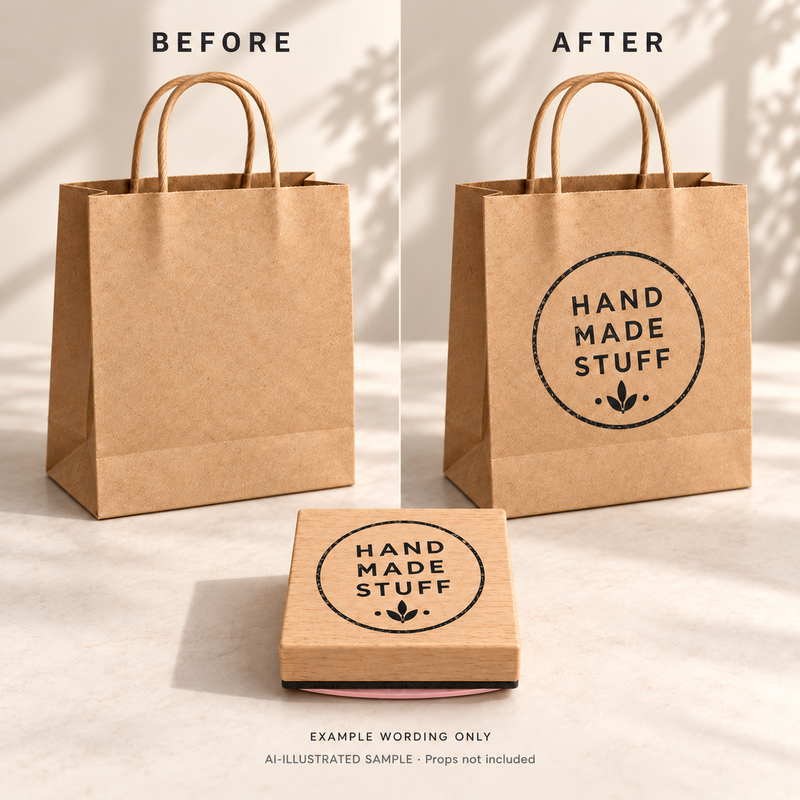 AI-illustrated before-and-after example for Maker's Goods Message Stamp: blank and stamped surfaces shown together with the stamp. Not an actual supplied-product photograph.