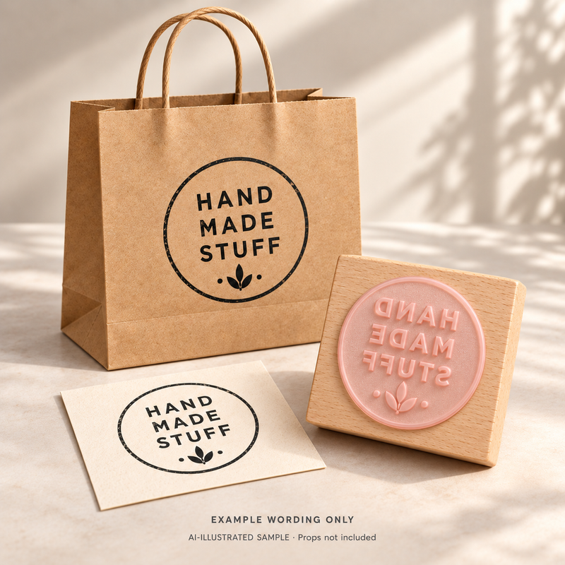 AI-illustrated sample of Maker's Goods Message Stamp: a physical stamp shown with a matching impression on paper or packaging. Not an actual supplied-product photograph. Props are not included.
