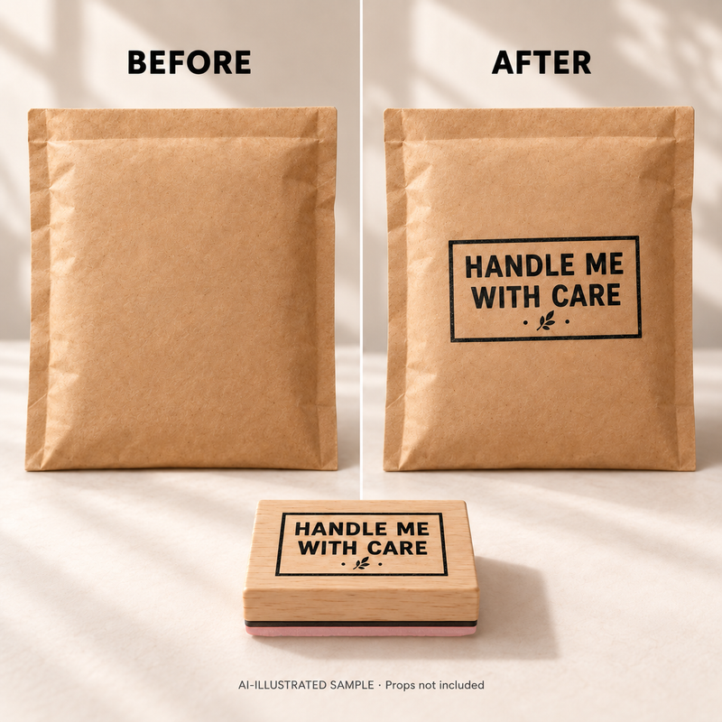 AI-illustrated before-and-after example for Gentle Handling Message Stamp 01: blank and stamped surfaces shown together with the stamp. Not an actual supplied-product photograph.