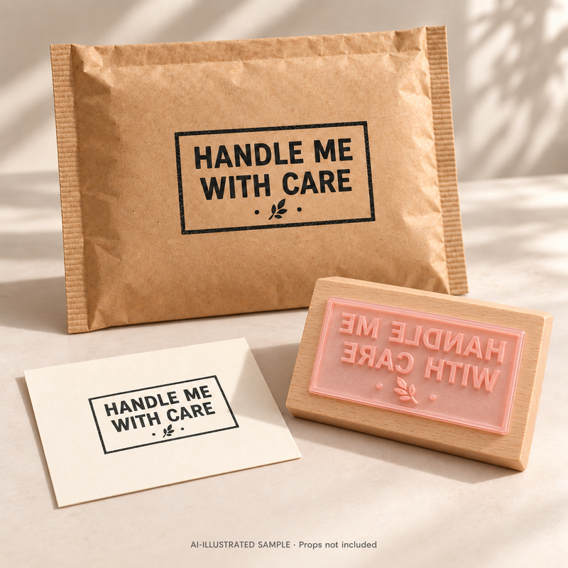 AI-illustrated sample of Gentle Handling Message Stamp 01: a physical stamp shown with a matching impression on paper or packaging. Not an actual supplied-product photograph. Props are not included.
