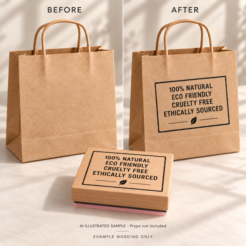 AI-illustrated before-and-after example for Responsible Product Claims Stamp: blank and stamped surfaces shown together with the stamp. Not an actual supplied-product photograph.