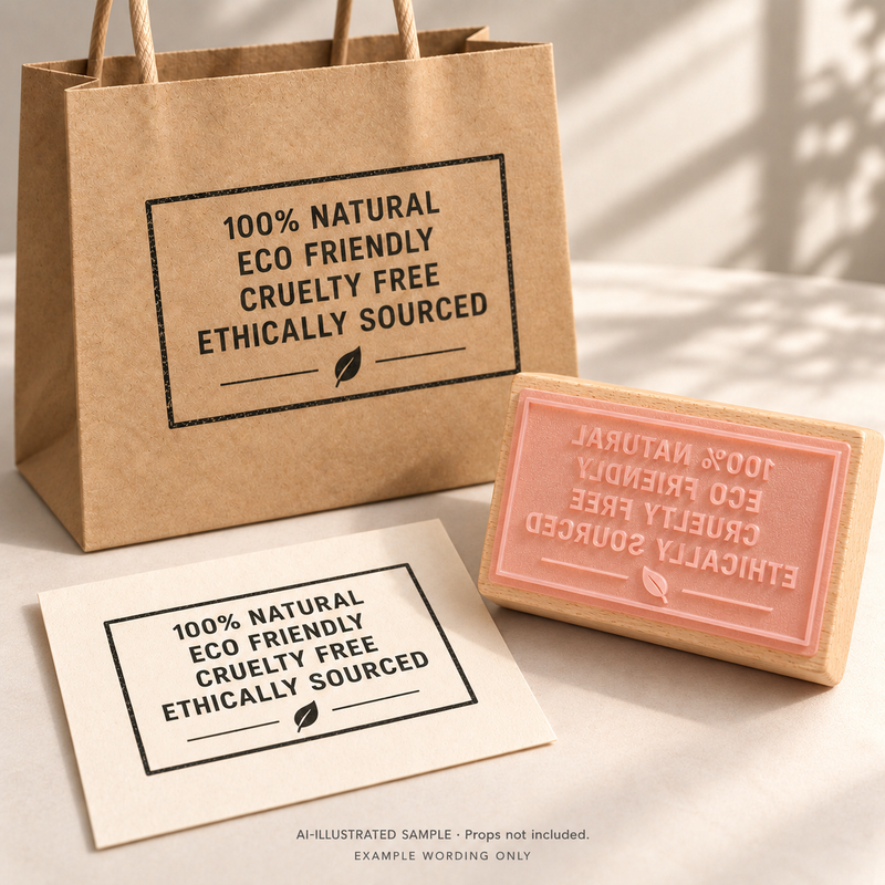 AI-illustrated sample of Responsible Product Claims Stamp: a physical stamp shown with a matching impression on paper or packaging. Not an actual supplied-product photograph. Props are not included.