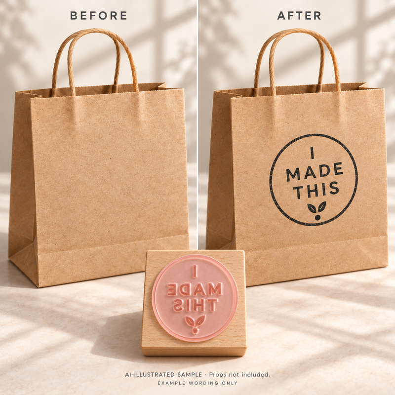 AI-illustrated before-and-after example for Maker's Personal Mark Stamp: blank and stamped surfaces shown together with the stamp. Not an actual supplied-product photograph.