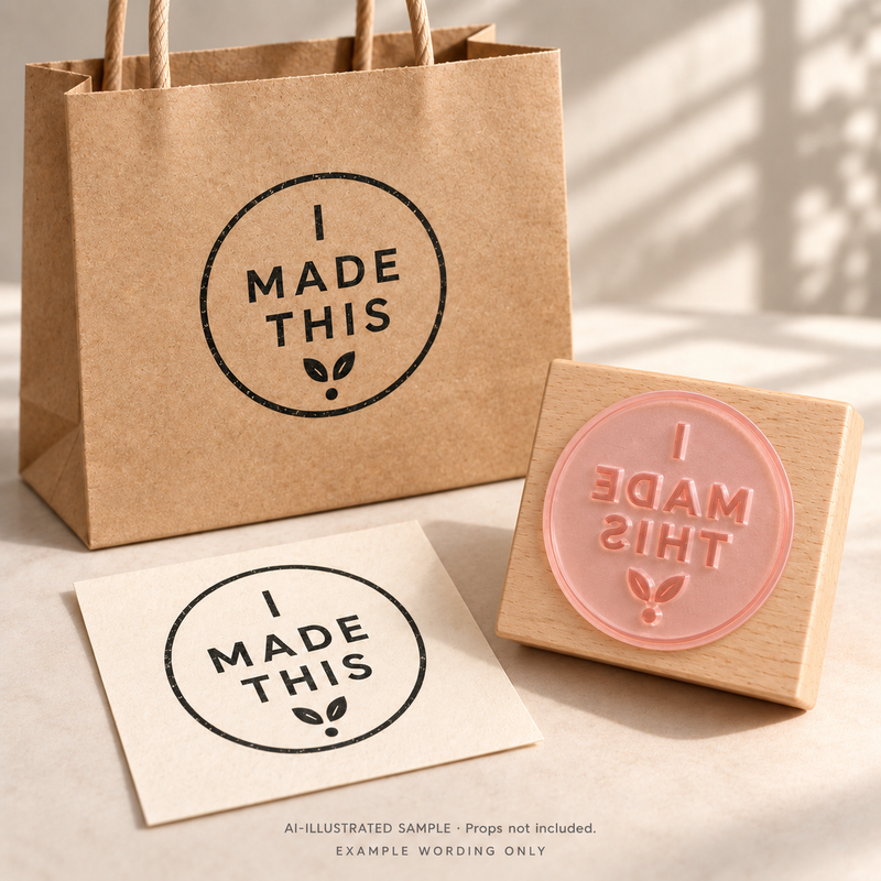 AI-illustrated sample of Maker's Personal Mark Stamp: a physical stamp shown with a matching impression on paper or packaging. Not an actual supplied-product photograph. Props are not included.