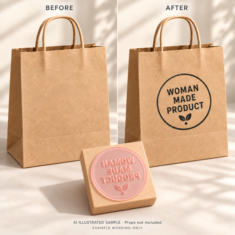 AI-illustrated before-and-after example for Women-Made Goods Stamp: blank and stamped surfaces shown together with the stamp. Not an actual supplied-product photograph.