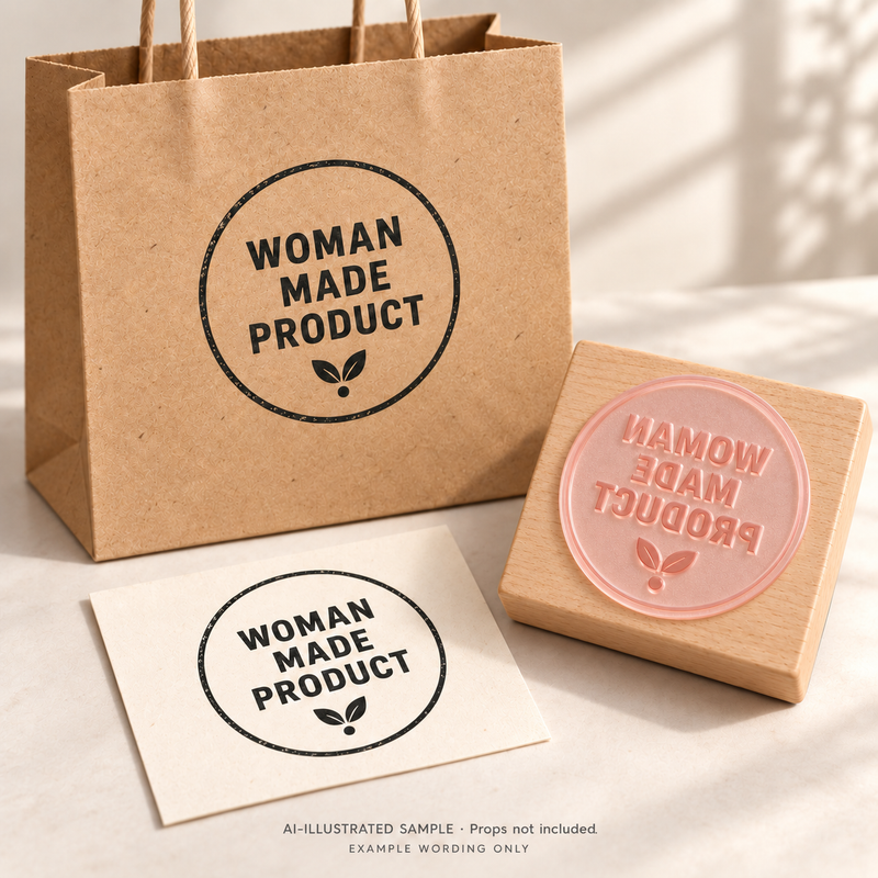 AI-illustrated sample of Women-Made Goods Stamp: a physical stamp shown with a matching impression on paper or packaging. Not an actual supplied-product photograph. Props are not included.