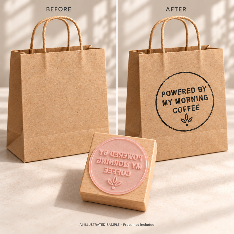 AI-illustrated before-and-after example for Coffee-Fuelled Maker Stamp: blank and stamped surfaces shown together with the stamp. Not an actual supplied-product photograph.