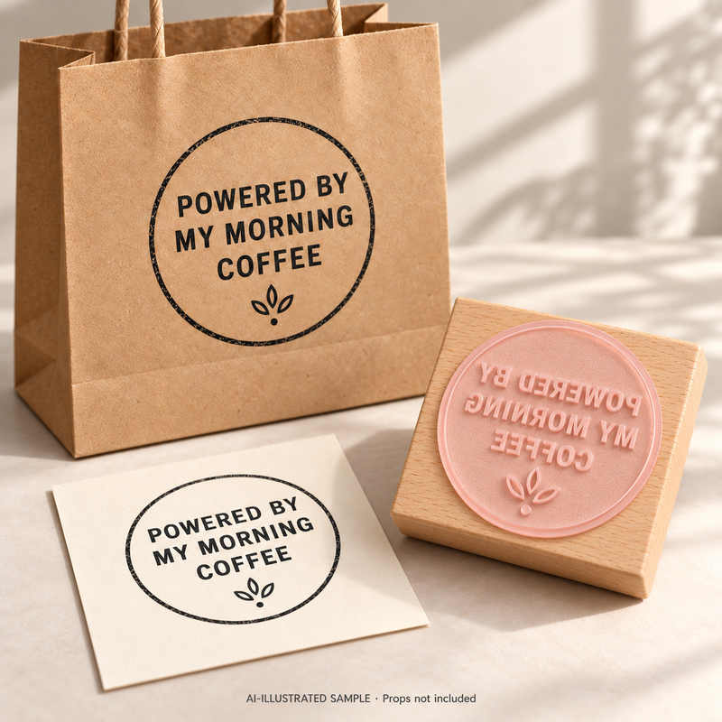 AI-illustrated sample of Coffee-Fuelled Maker Stamp: a physical stamp shown with a matching impression on paper or packaging. Not an actual supplied-product photograph. Props are not included.