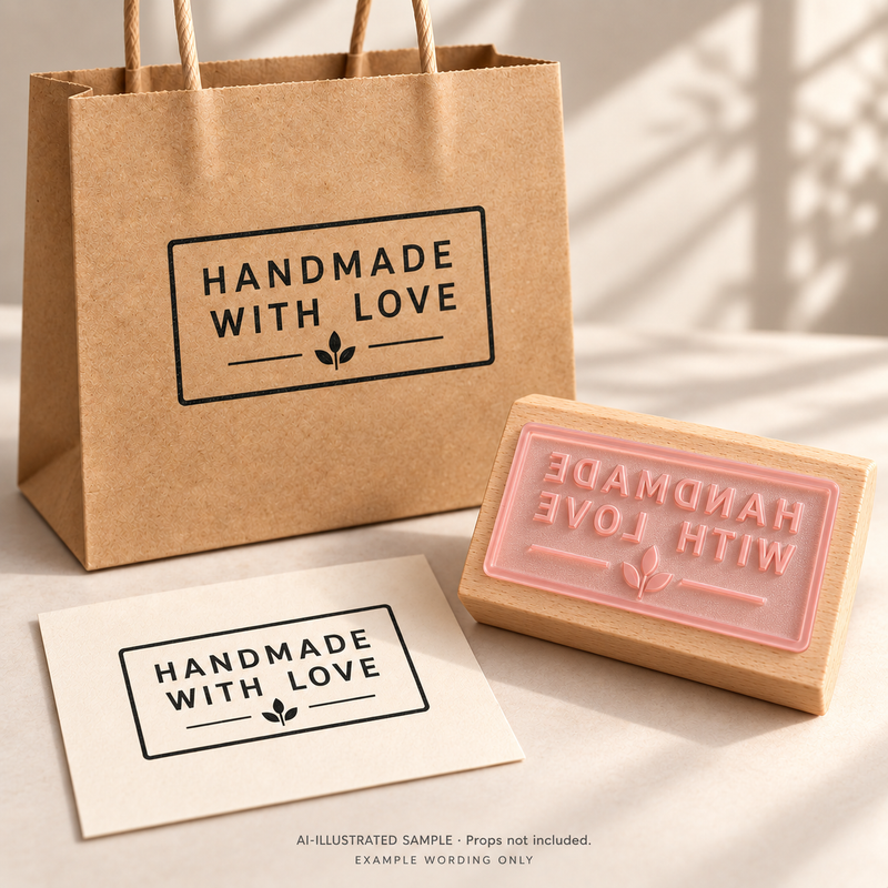 AI-illustrated sample of Handmade Heart Message Stamp 02: a physical stamp shown with a matching impression on paper or packaging. Not an actual supplied-product photograph. Props are not included.