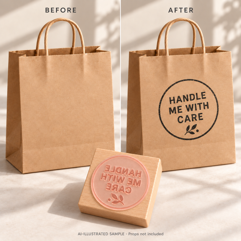 AI-illustrated before-and-after example for Gentle Handling Message Stamp 02: blank and stamped surfaces shown together with the stamp. Not an actual supplied-product photograph.