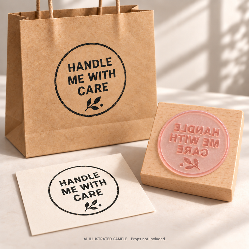 AI-illustrated sample of Gentle Handling Message Stamp 02: a physical stamp shown with a matching impression on paper or packaging. Not an actual supplied-product photograph. Props are not included.
