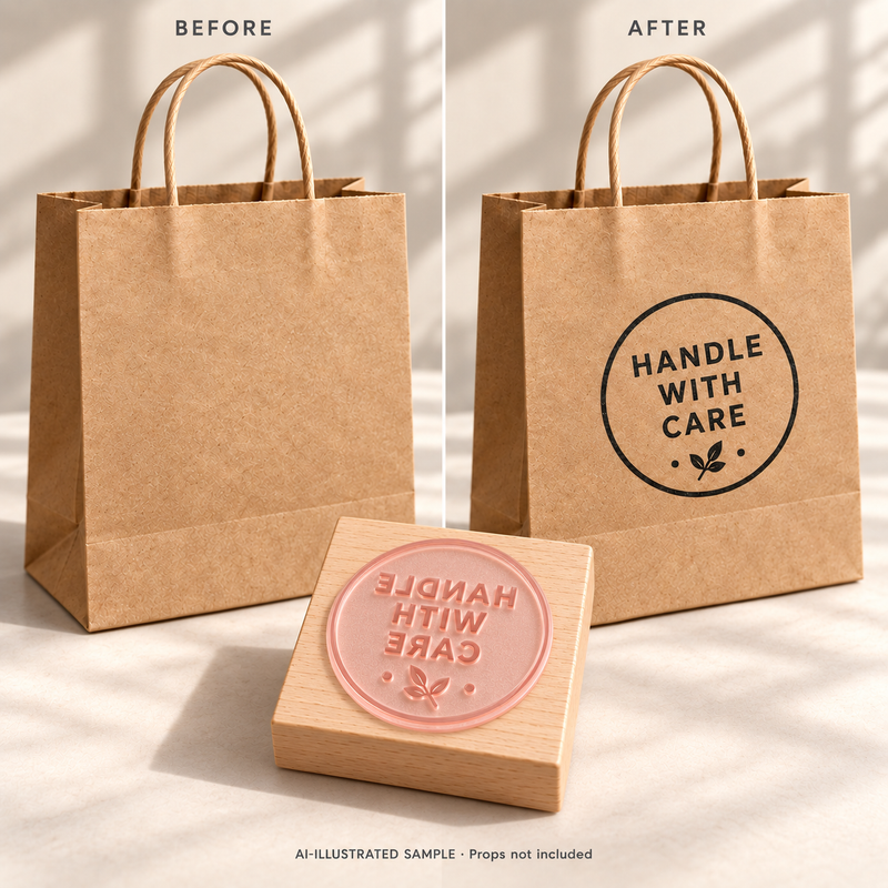 AI-illustrated before-and-after example for Careful Handling Stamp 01: blank and stamped surfaces shown together with the stamp. Not an actual supplied-product photograph.