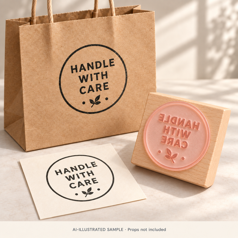 AI-illustrated sample of Careful Handling Stamp 01: a physical stamp shown with a matching impression on paper or packaging. Not an actual supplied-product photograph. Props are not included.
