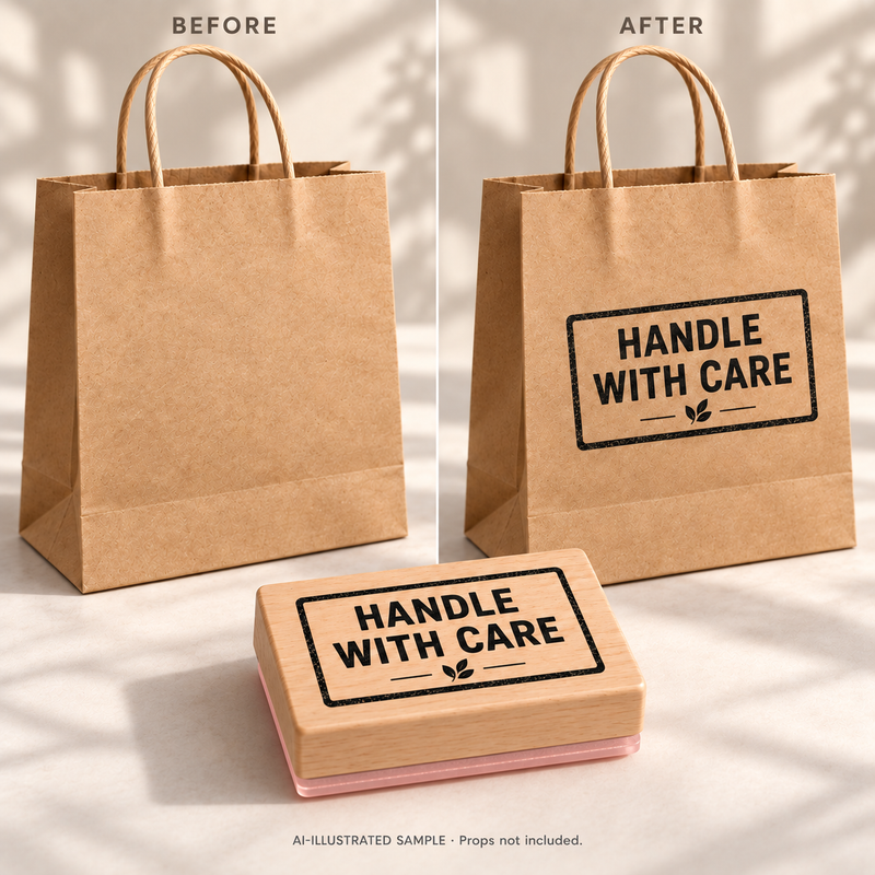 AI-illustrated before-and-after example for Careful Handling Stamp 02: blank and stamped surfaces shown together with the stamp. Not an actual supplied-product photograph.