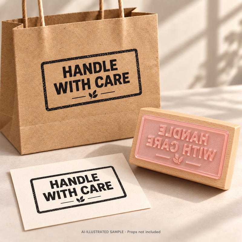 AI-illustrated sample of Careful Handling Stamp 02: a physical stamp shown with a matching impression on paper or packaging. Not an actual supplied-product photograph. Props are not included.