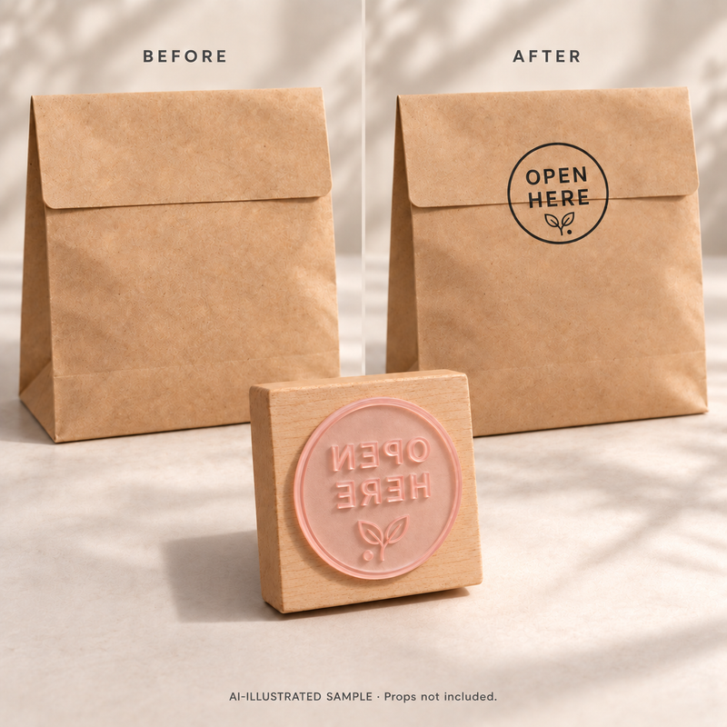 AI-illustrated before-and-after example for Opening Guide Stamp 02: blank and stamped surfaces shown together with the stamp. Not an actual supplied-product photograph.