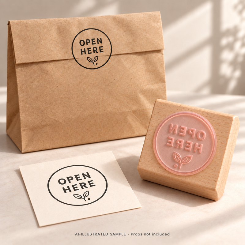 AI-illustrated sample of Opening Guide Stamp 02: a physical stamp shown with a matching impression on paper or packaging. Not an actual supplied-product photograph. Props are not included.