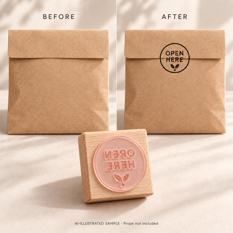 AI-illustrated before-and-after example for Opening Guide Stamp 01: blank and stamped surfaces shown together with the stamp. Not an actual supplied-product photograph.