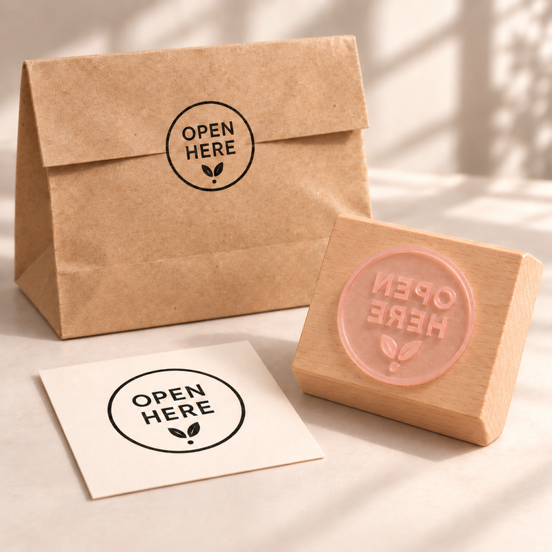 AI-illustrated sample of Opening Guide Stamp 01: a physical stamp shown with a matching impression on paper or packaging. Not an actual supplied-product photograph. Props are not included.