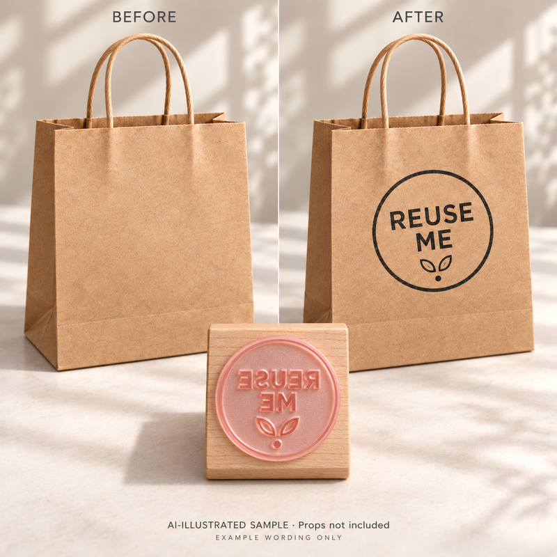 AI-illustrated before-and-after example for Use Again Packaging Stamp: blank and stamped surfaces shown together with the stamp. Not an actual supplied-product photograph.