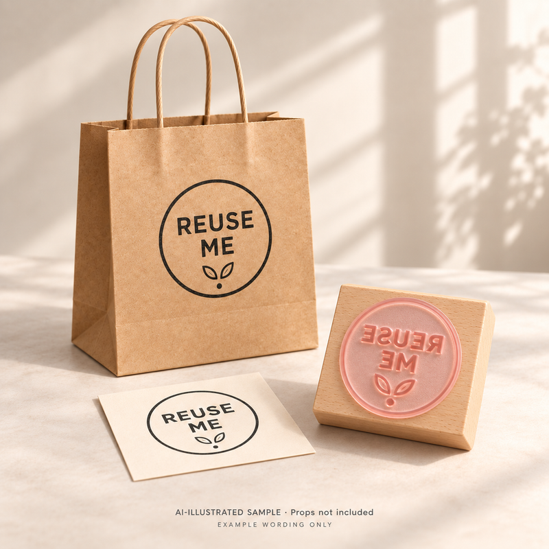 AI-illustrated sample of Use Again Packaging Stamp: a physical stamp shown with a matching impression on paper or packaging. Not an actual supplied-product photograph. Props are not included.