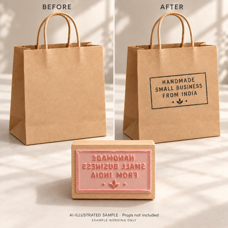 AI-illustrated before-and-after example for Indian Maker Message Stamp: blank and stamped surfaces shown together with the stamp. Not an actual supplied-product photograph.