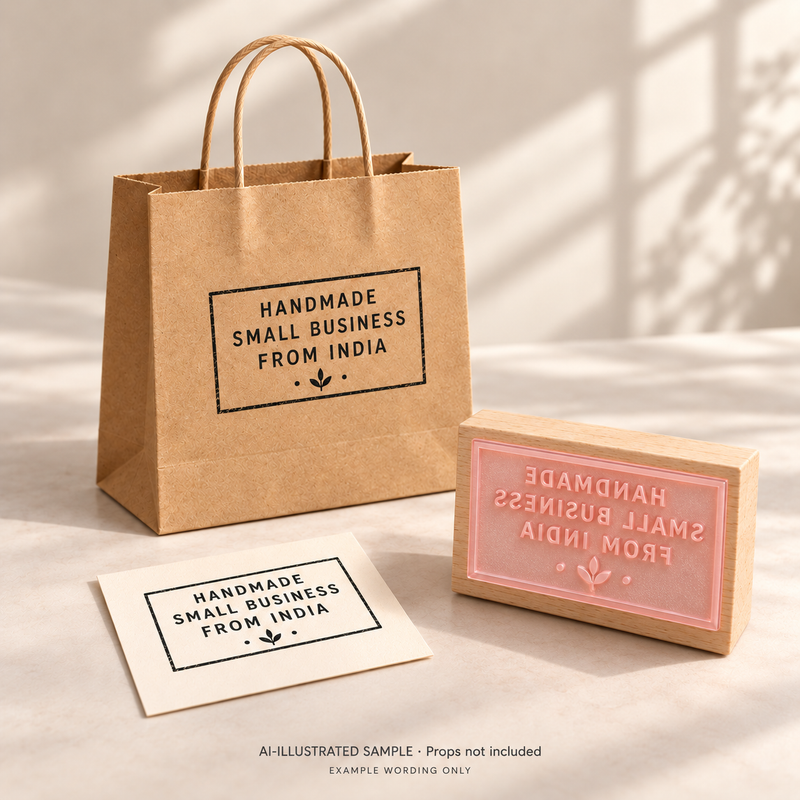 AI-illustrated sample of Indian Maker Message Stamp: a physical stamp shown with a matching impression on paper or packaging. Not an actual supplied-product photograph. Props are not included.