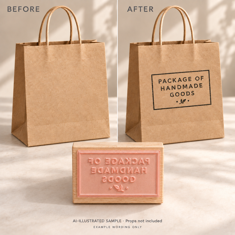 AI-illustrated before-and-after example for Handcrafted Parcel Stamp: blank and stamped surfaces shown together with the stamp. Not an actual supplied-product photograph.