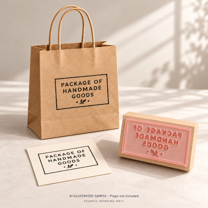 AI-illustrated sample of Handcrafted Parcel Stamp: a physical stamp shown with a matching impression on paper or packaging. Not an actual supplied-product photograph. Props are not included.