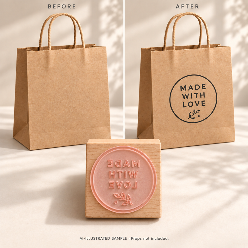 AI-illustrated before-and-after example for Made with Care Message Stamp: blank and stamped surfaces shown together with the stamp. Not an actual supplied-product photograph.