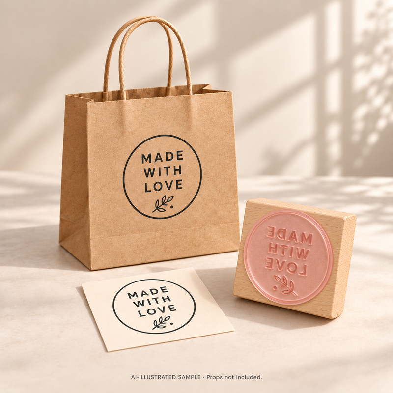 AI-illustrated sample of Made with Care Message Stamp: a physical stamp shown with a matching impression on paper or packaging. Not an actual supplied-product photograph. Props are not included.