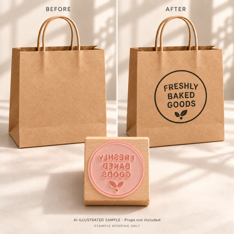 AI-illustrated before-and-after example for Bakery Batch Message Stamp: blank and stamped surfaces shown together with the stamp. Not an actual supplied-product photograph.